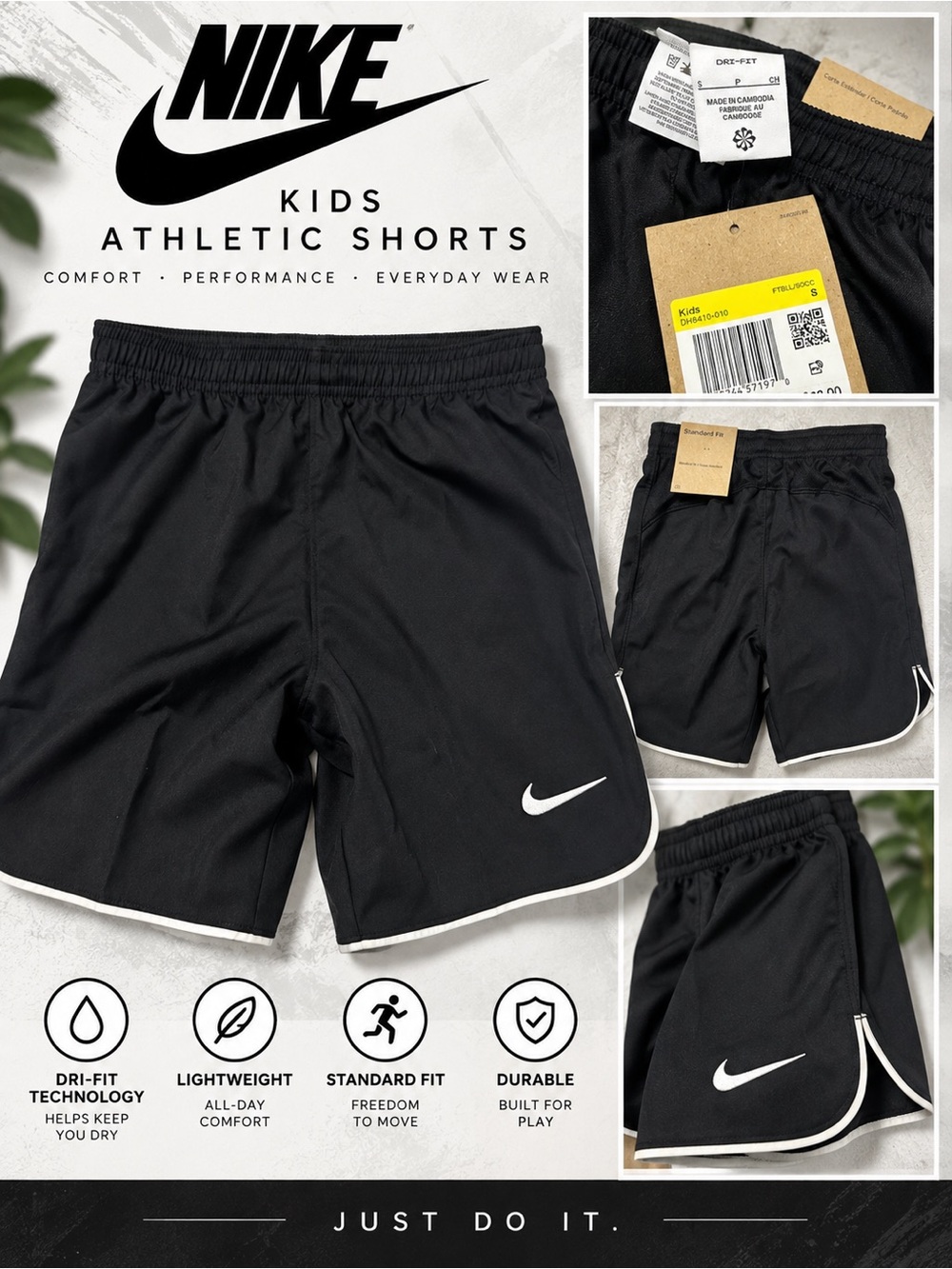 Nike Kids Black Athletic Shorts with White Swoosh Trim Size Small